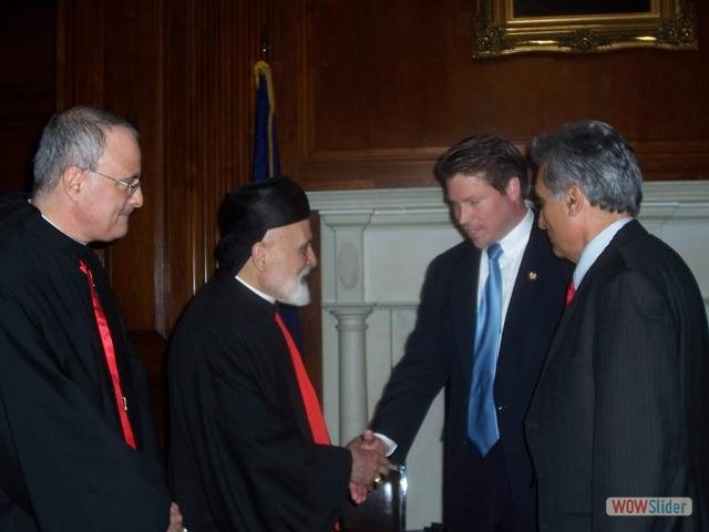 Dr Chahine introducing Cong Connie Mack to Patriach Sfeir and to Bishop Gregory Mansourd